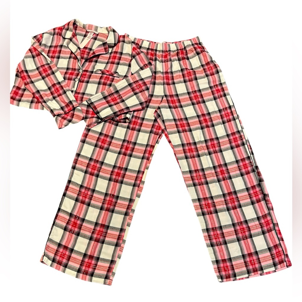 NWT Victoria's Secret Womens Pink Plaid Flannel Pajamas Set Crop Top & Pants M